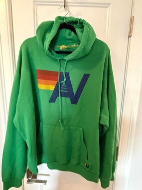Aviator Nation Green Logo Pullover Hoodie with Rainbow Stripe - NWOT